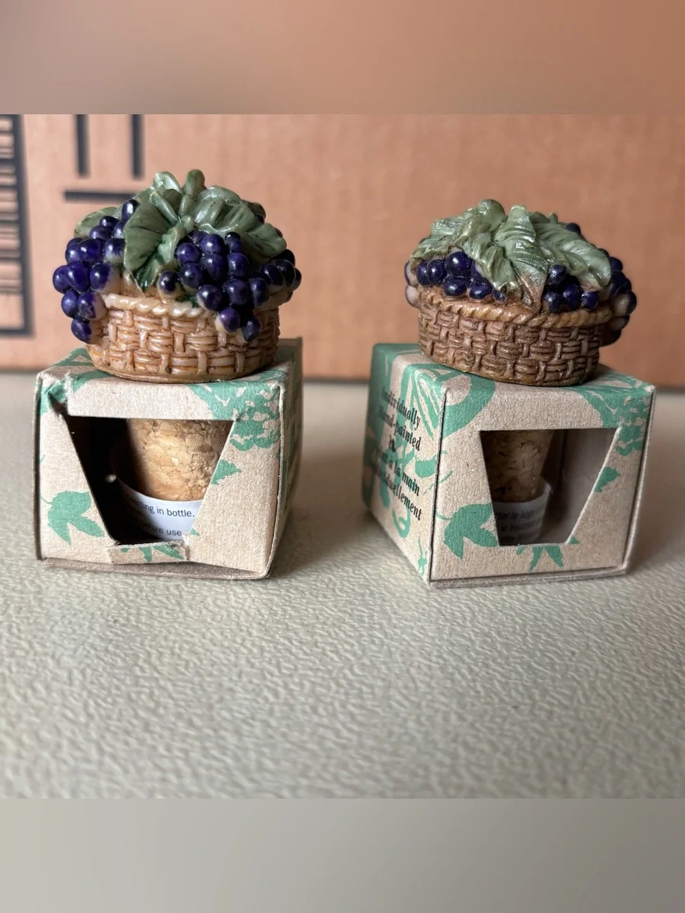 2 Basket of Grapes Cork Bottle Toppers Hand Painted Ceramic Porcelain 1.5